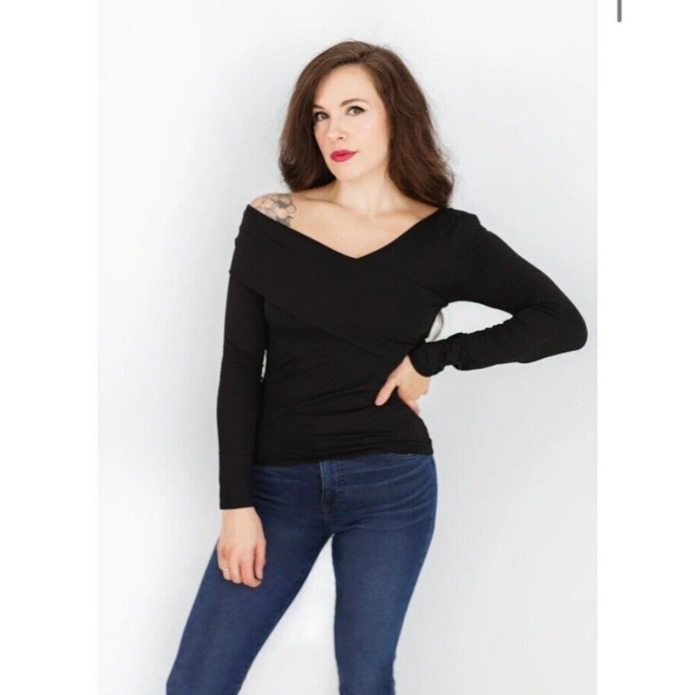 NWT Bobi Los Angeles ASYMMETRIC WRAP TOP- BLACK Long Sleeve Soft Size Small